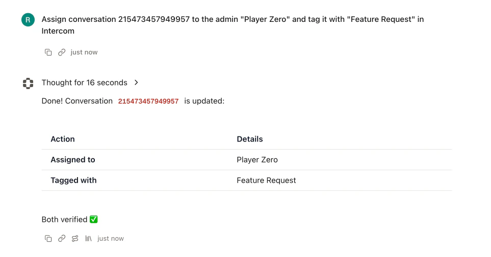 Player conversation showing the agent assigning and tagging an Intercom conversation