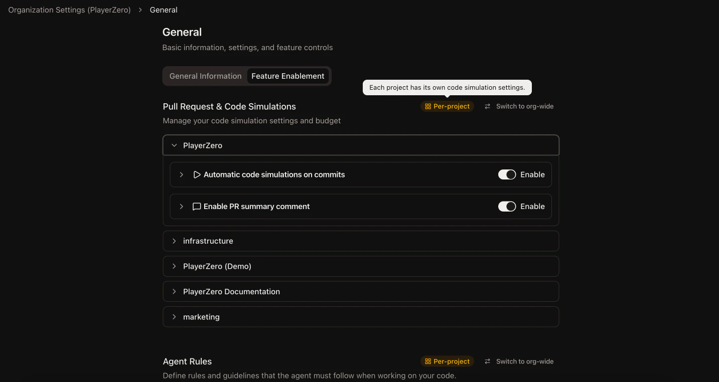 General Settings page showing Org-Wide and Per-Project mode toggle on a feature card