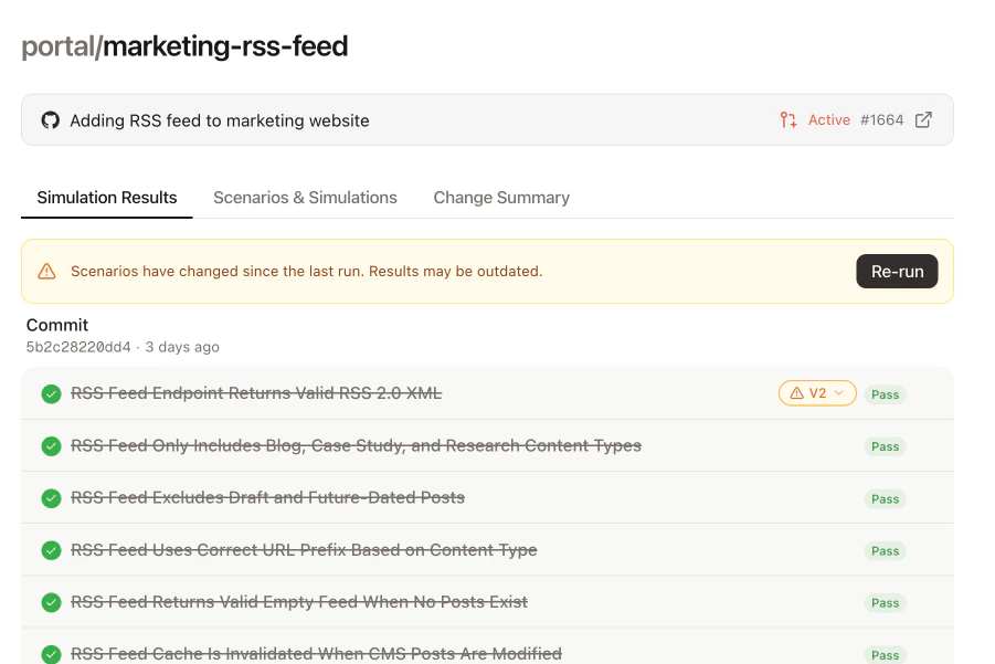 Playlist scenario list showing outdated warning badge with re-run button