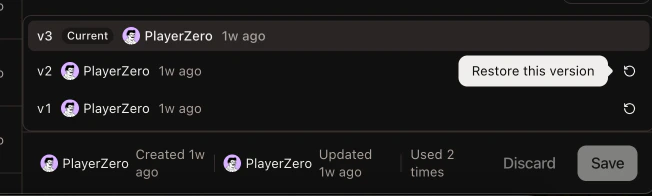 Playbook detail panel showing version history with restore button and usage count