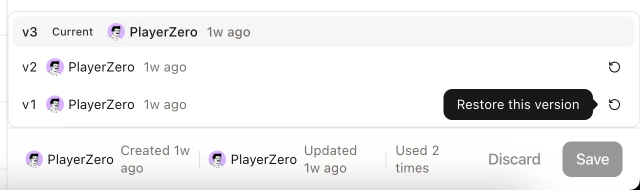 Playbook detail panel showing version history with restore button and usage count