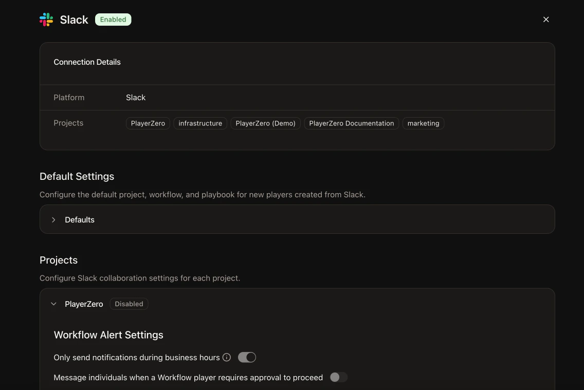 Collaboration settings page showing per-project Slack notification configuration with stage-level channel overrides