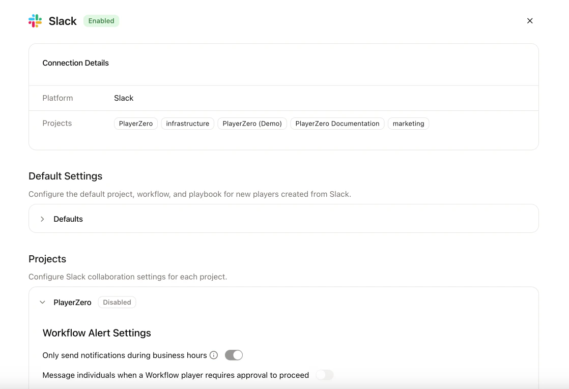 Collaboration settings page showing per-project Slack notification configuration with stage-level channel overrides