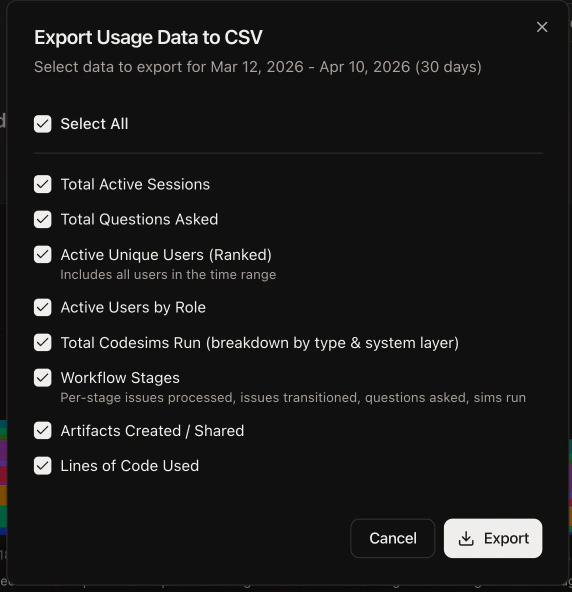Export CSV dialog with selectable data sections and Select All toggle