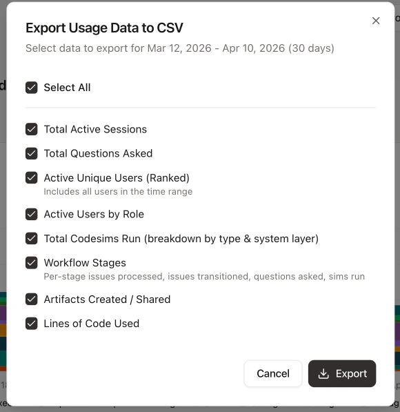 Export CSV dialog with selectable data sections and Select All toggle