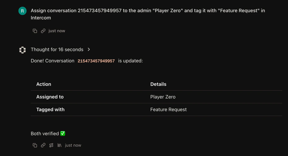 Player conversation showing the agent assigning and tagging an Intercom conversation