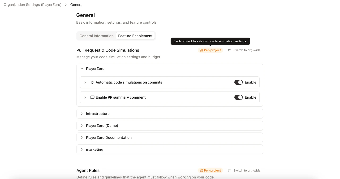 General Settings page showing Org-Wide and Per-Project mode toggle on a feature card