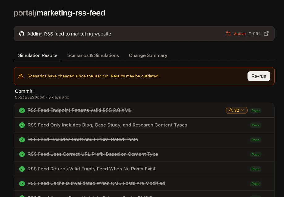 Playlist scenario list showing outdated warning badge with re-run button