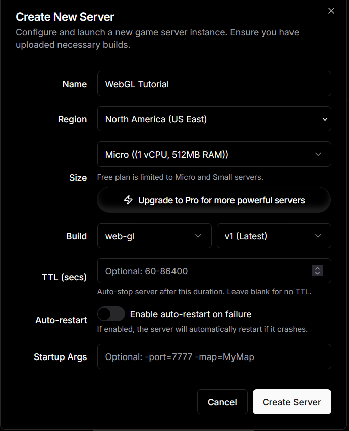 PlayFlow Create WebGL Server