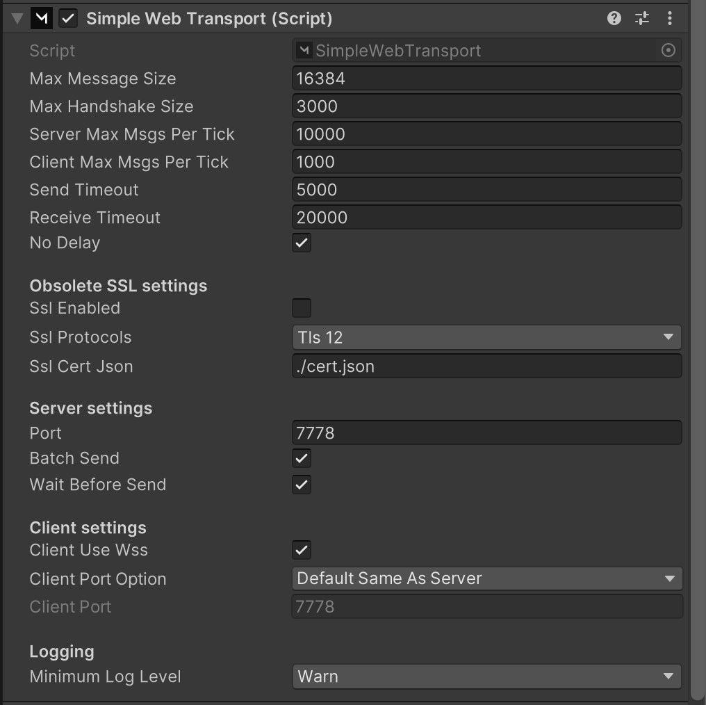 SimpleWebTransport Settings