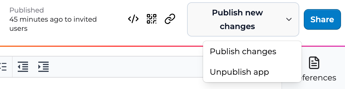 The top of the app builder for Algebra Tutor with the Publish new changes menu open, showing Publish changes and Unpublish app