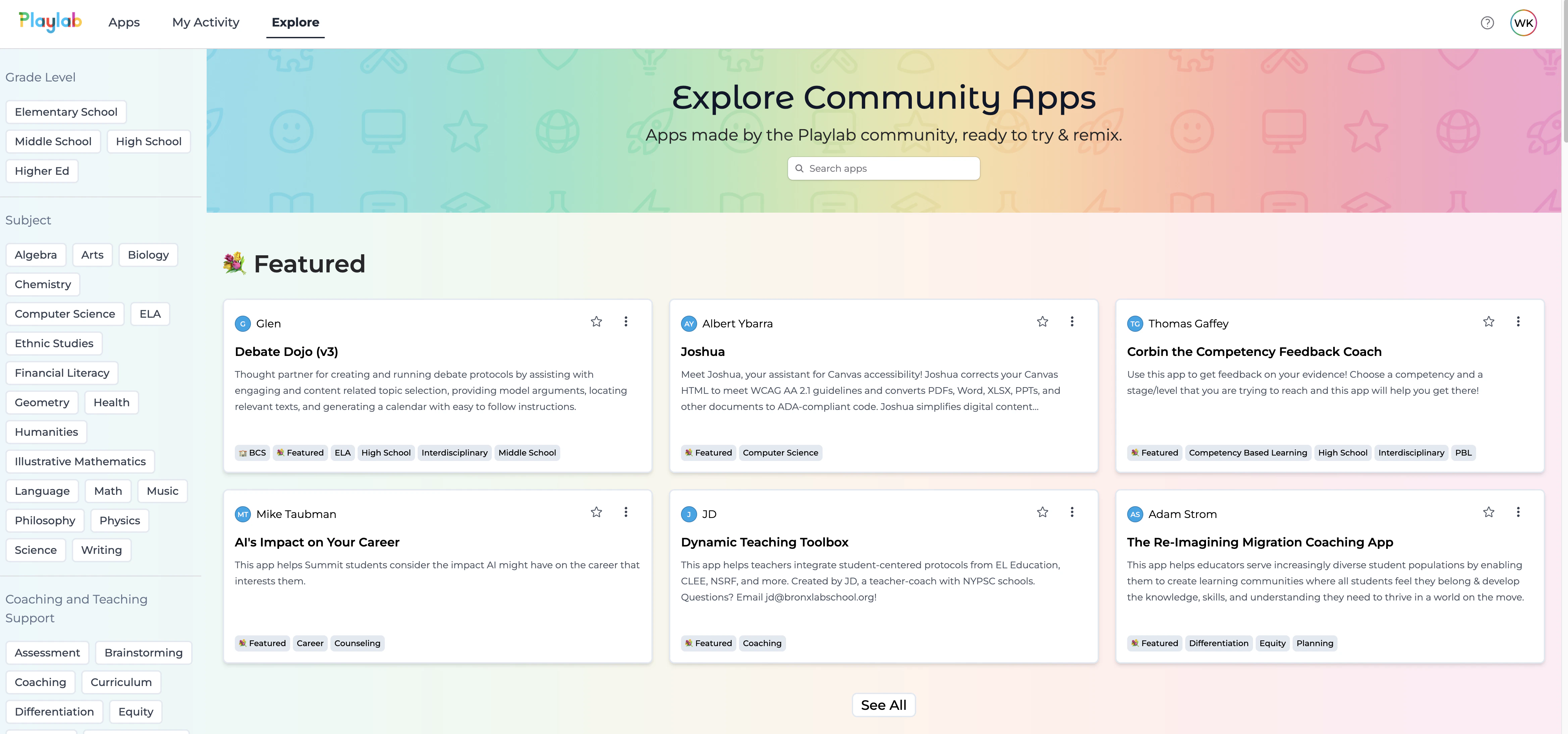 Playlab Community Explore Page