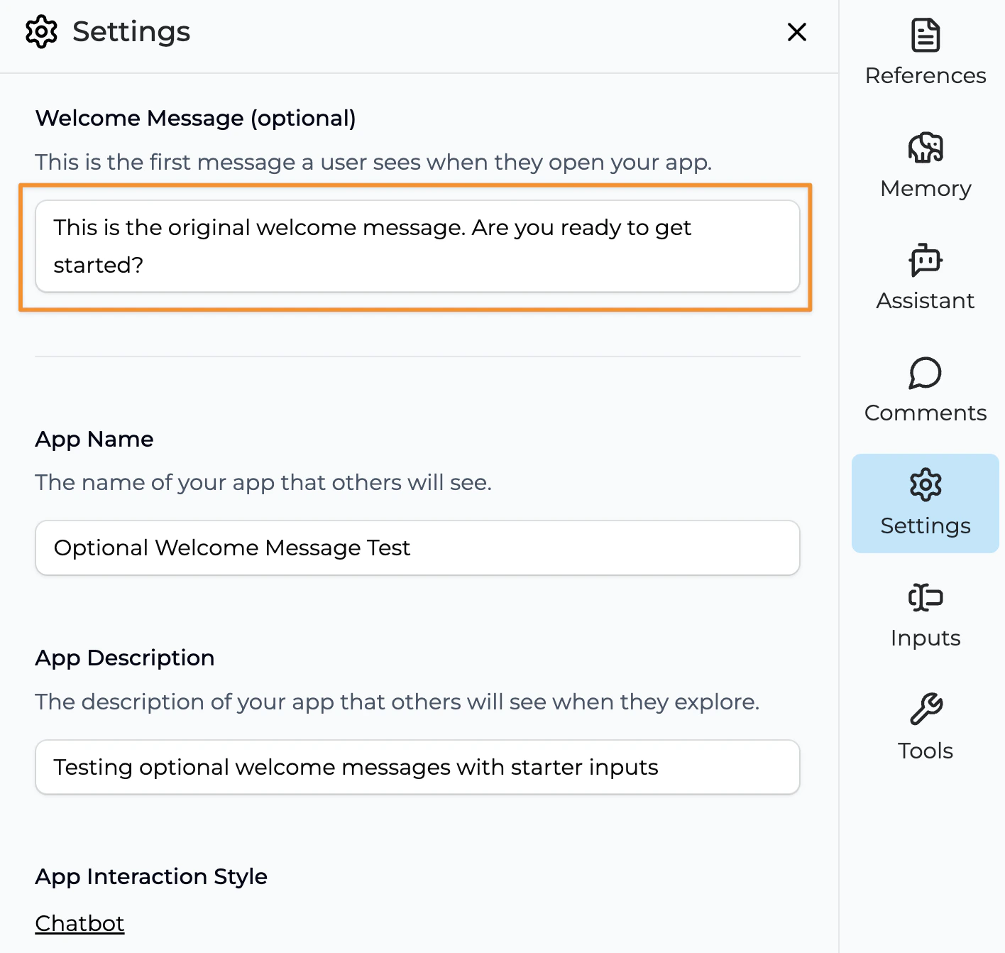 Welcome message settings