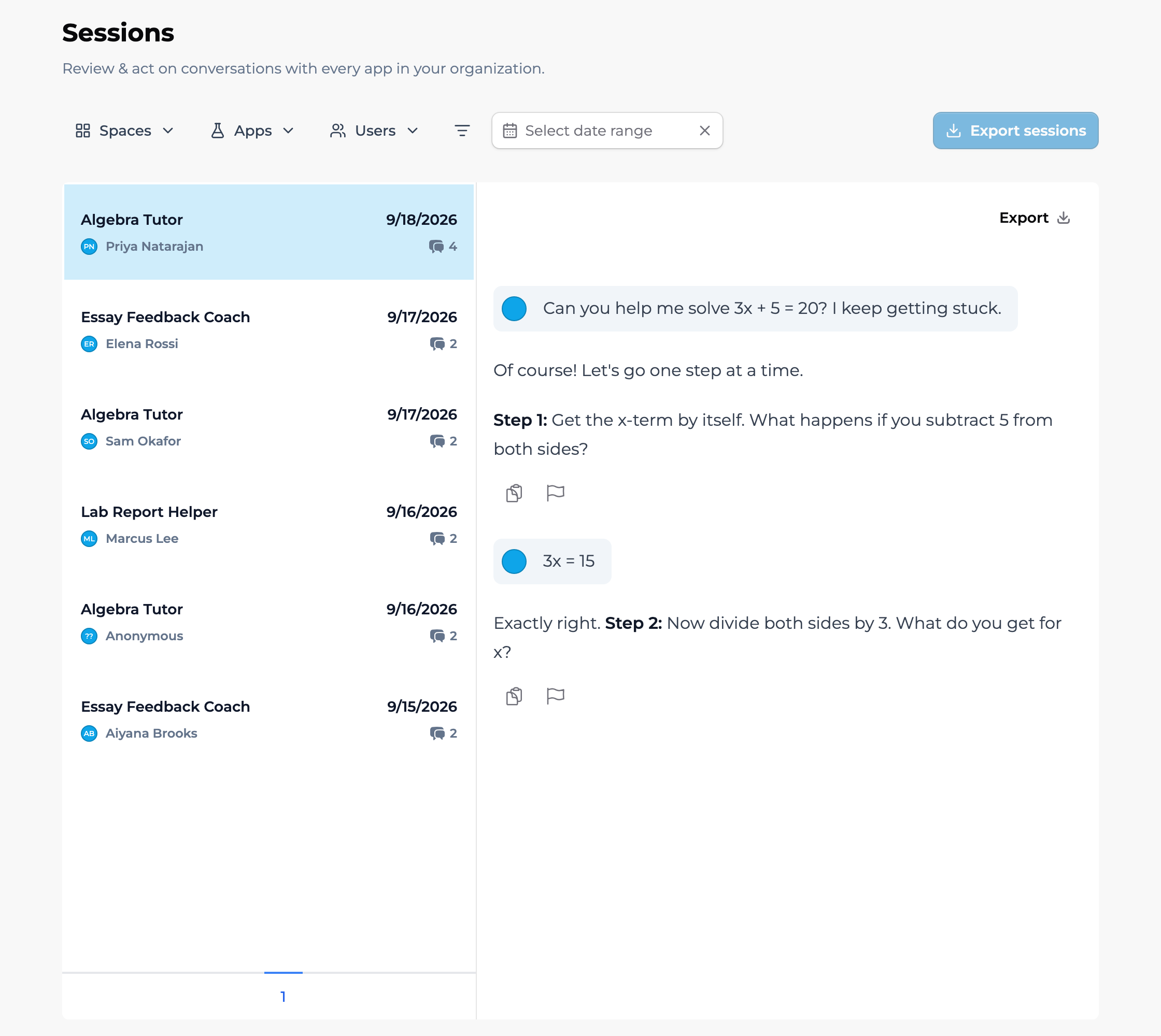 The organization Sessions page, titled Sessions with the subtitle Review & act on conversations with every app in your organization. A toolbar holds Spaces, Apps, and Users filters, a filter icon, a Select date range field, and an Export sessions button. Below, a list of app sessions with member names, dates, and message counts sits beside an open conversation transcript.