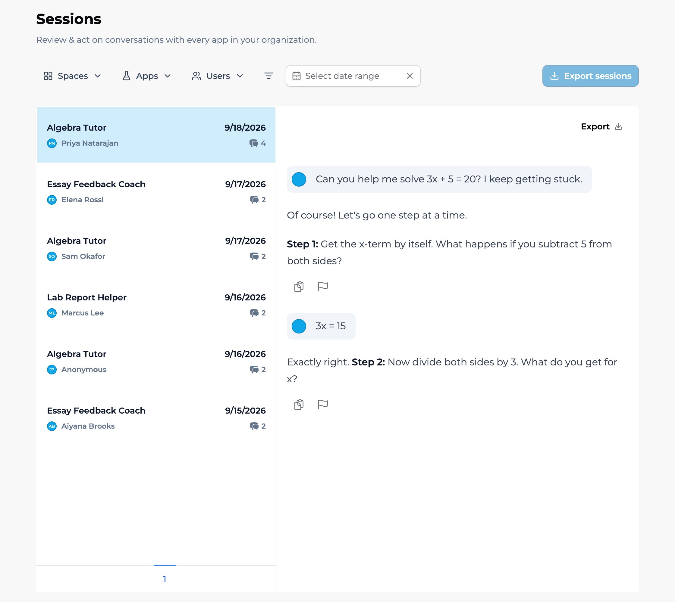 The organization Sessions page, titled Sessions with the subtitle Review & act on conversations with every app in your organization. A toolbar holds Spaces, Apps, and Users filters, a filter icon, a Select date range field, and an Export sessions button. Below, a list of app sessions with member names, dates, and message counts sits beside an open conversation transcript.