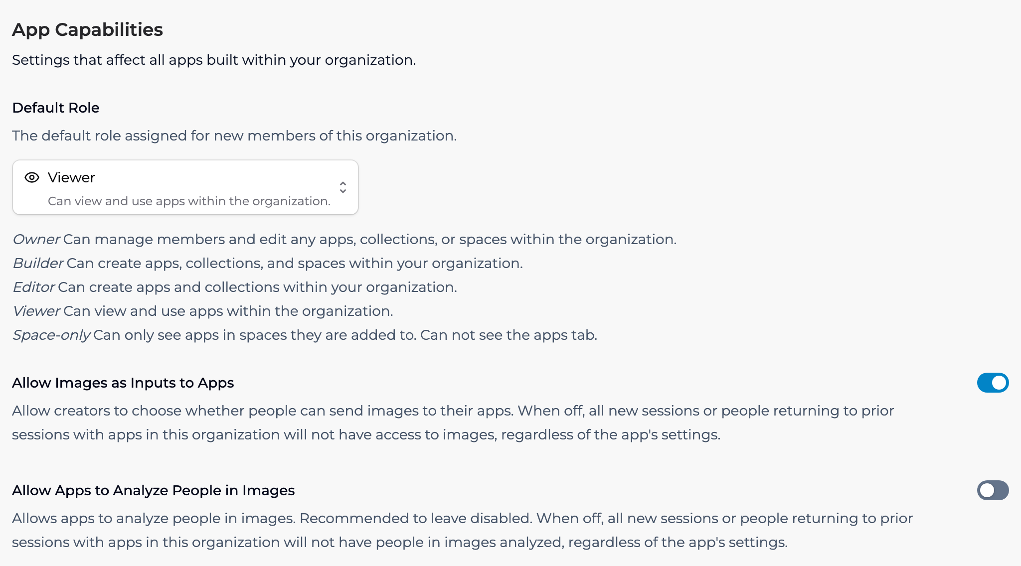 Organization settings, App Capabilities: Allow Images as Inputs to Apps turned on and Allow Apps to Analyze People in Images turned off.