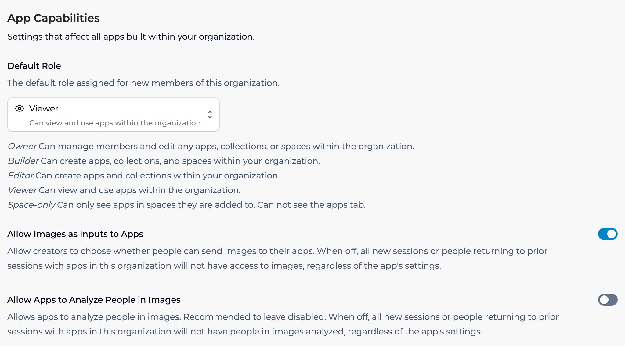 Organization settings, App Capabilities: Allow Images as Inputs to Apps turned on and Allow Apps to Analyze People in Images turned off.