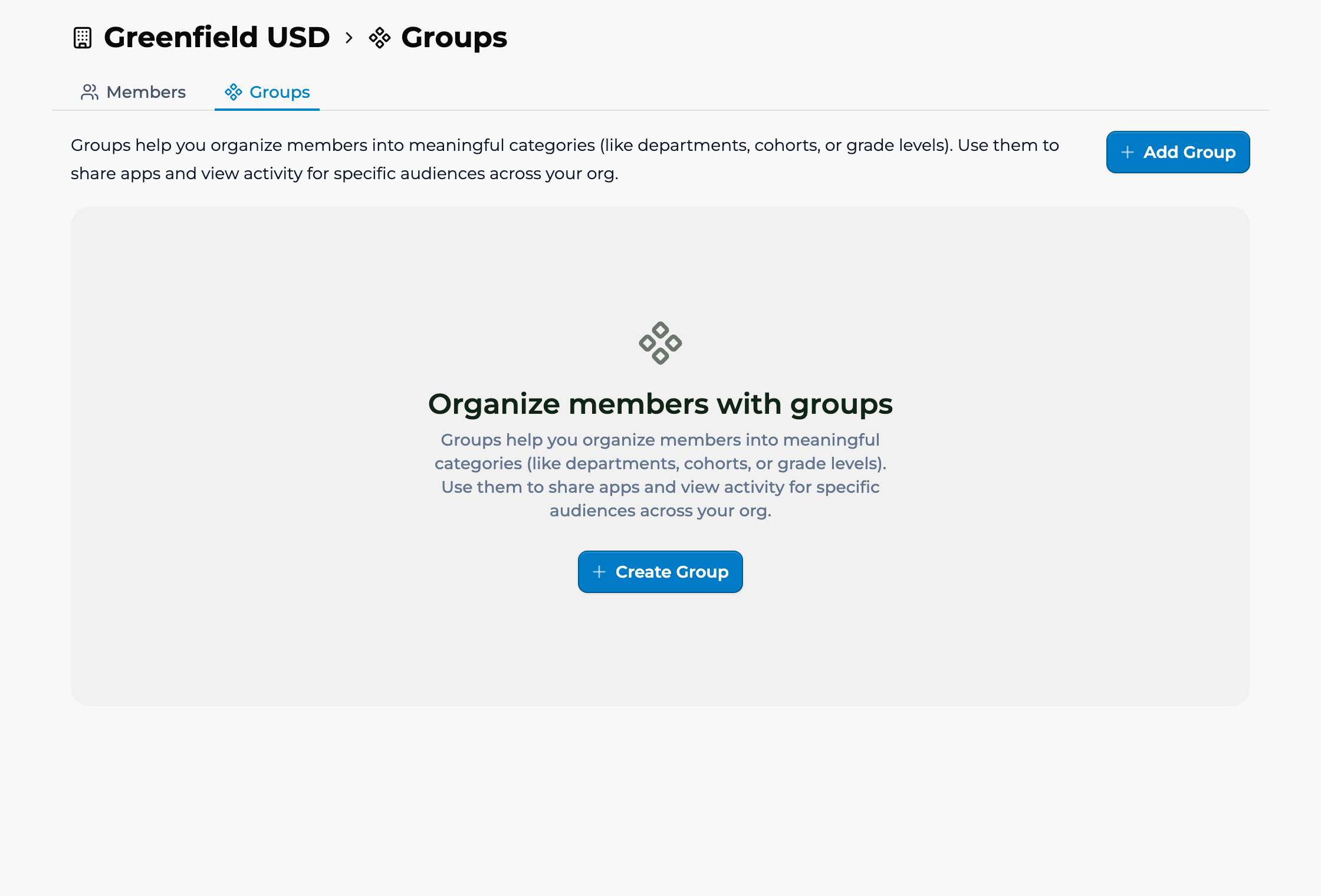 An organization's Groups page, next to Members, showing the empty state 'Organize members with groups' with a Create Group button, and an Add Group button in the top right.