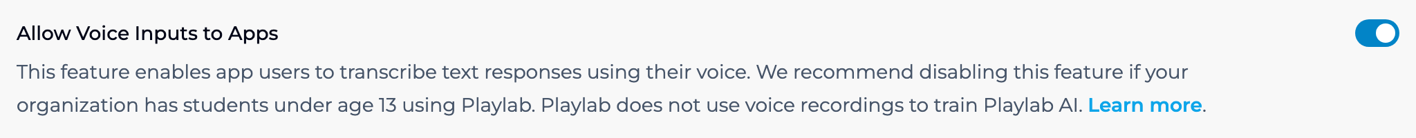 The Allow Voice Inputs to Apps setting turned on in organization settings, with its description and a Learn more link
