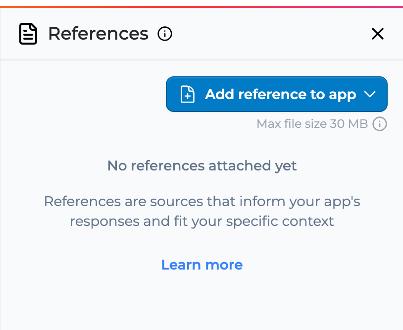 The empty References pane with the Add reference to app button