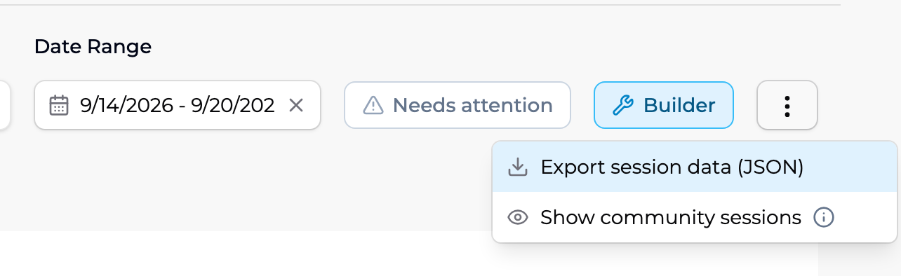 The space Sessions filters with a date range set and the More options menu open, showing Export session data (JSON) and Show community sessions.