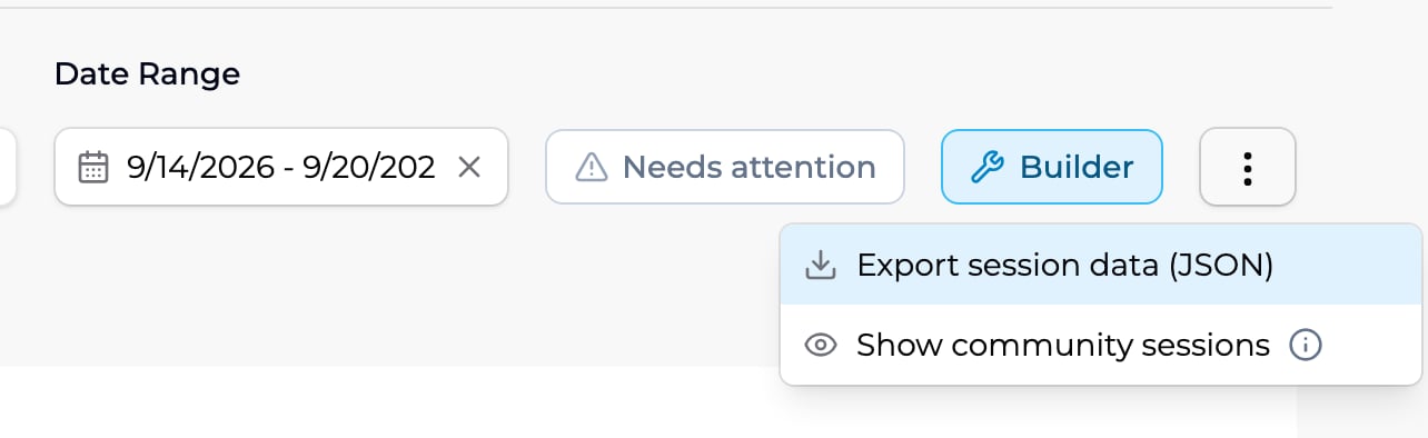 The space Sessions filters with a date range set and the More options menu open, showing Export session data (JSON) and Show community sessions.