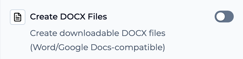 Create DOCX Files toggle in Tools menu