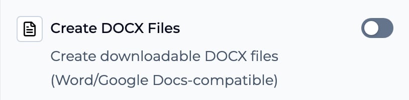 Create DOCX Files toggle in Tools menu