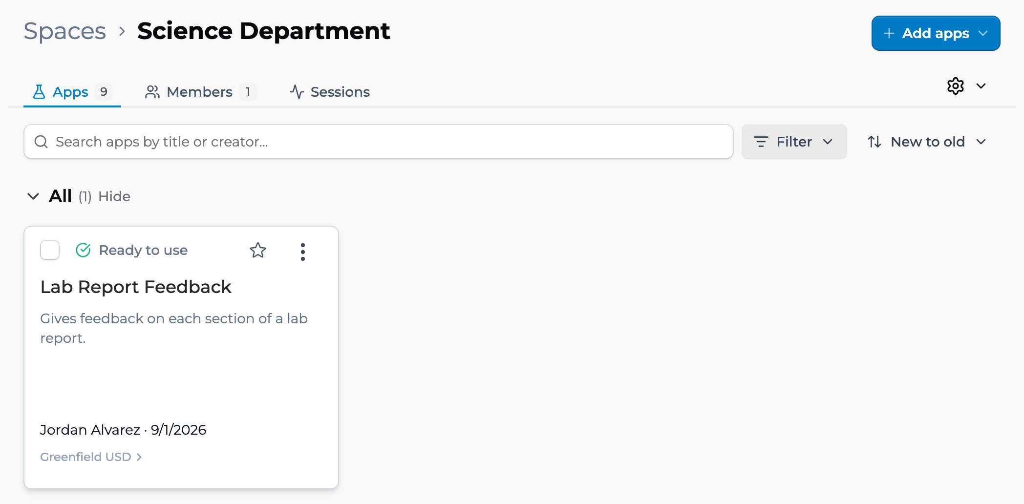 The space filtered to Ready to use, showing one app.