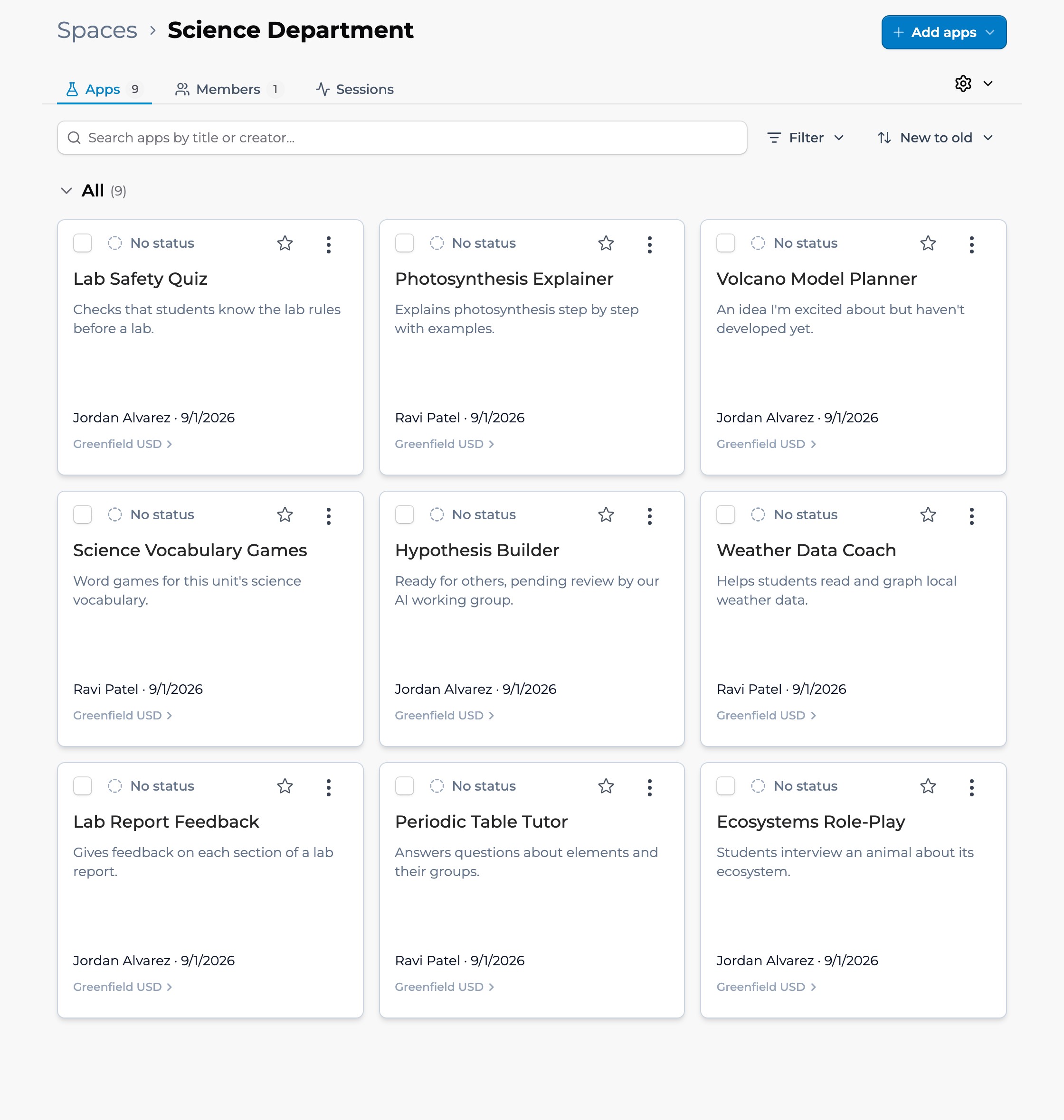 A space's Apps tab with nine apps, each card showing No status.