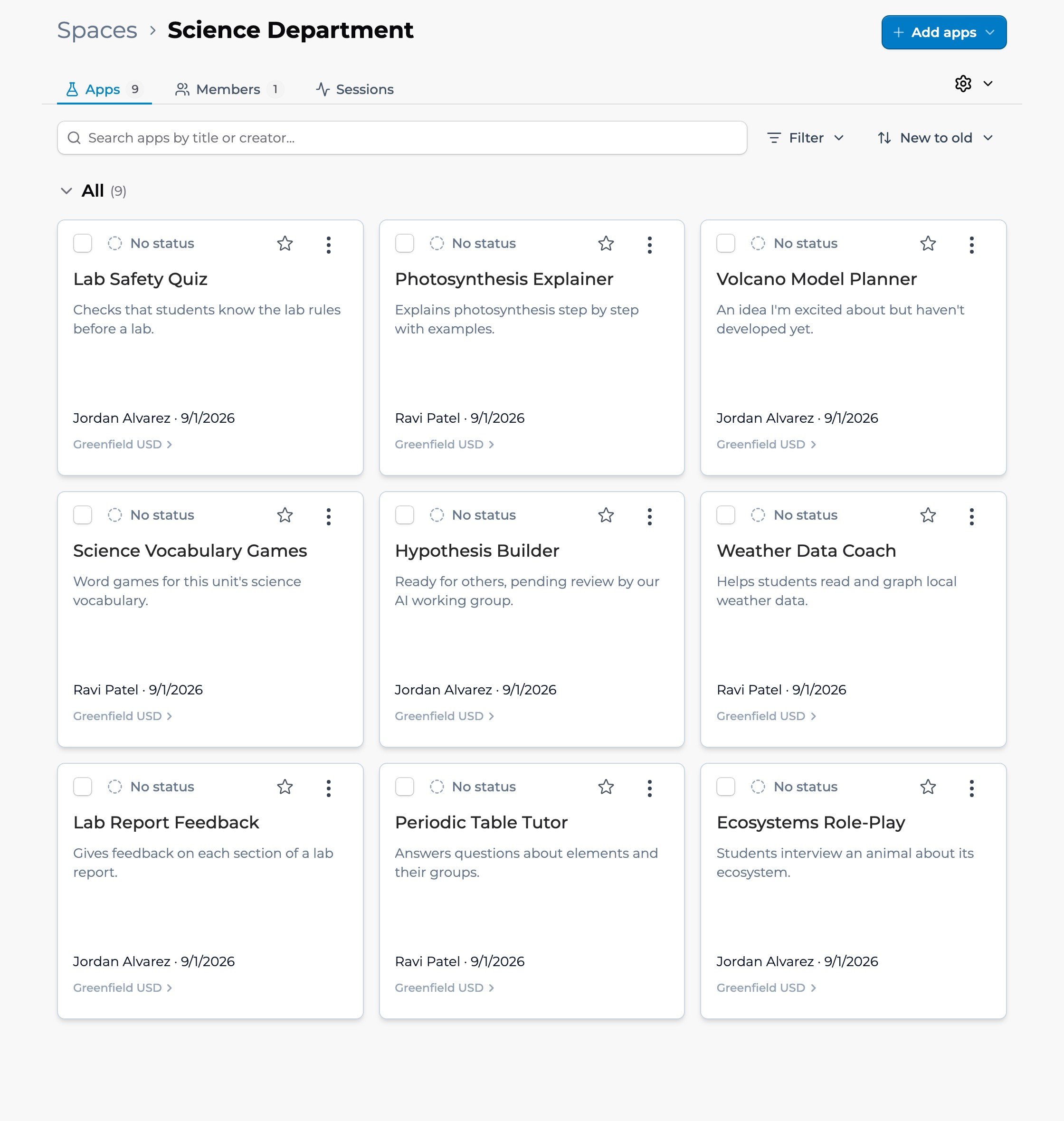 A space's Apps tab with nine apps, each card showing No status.