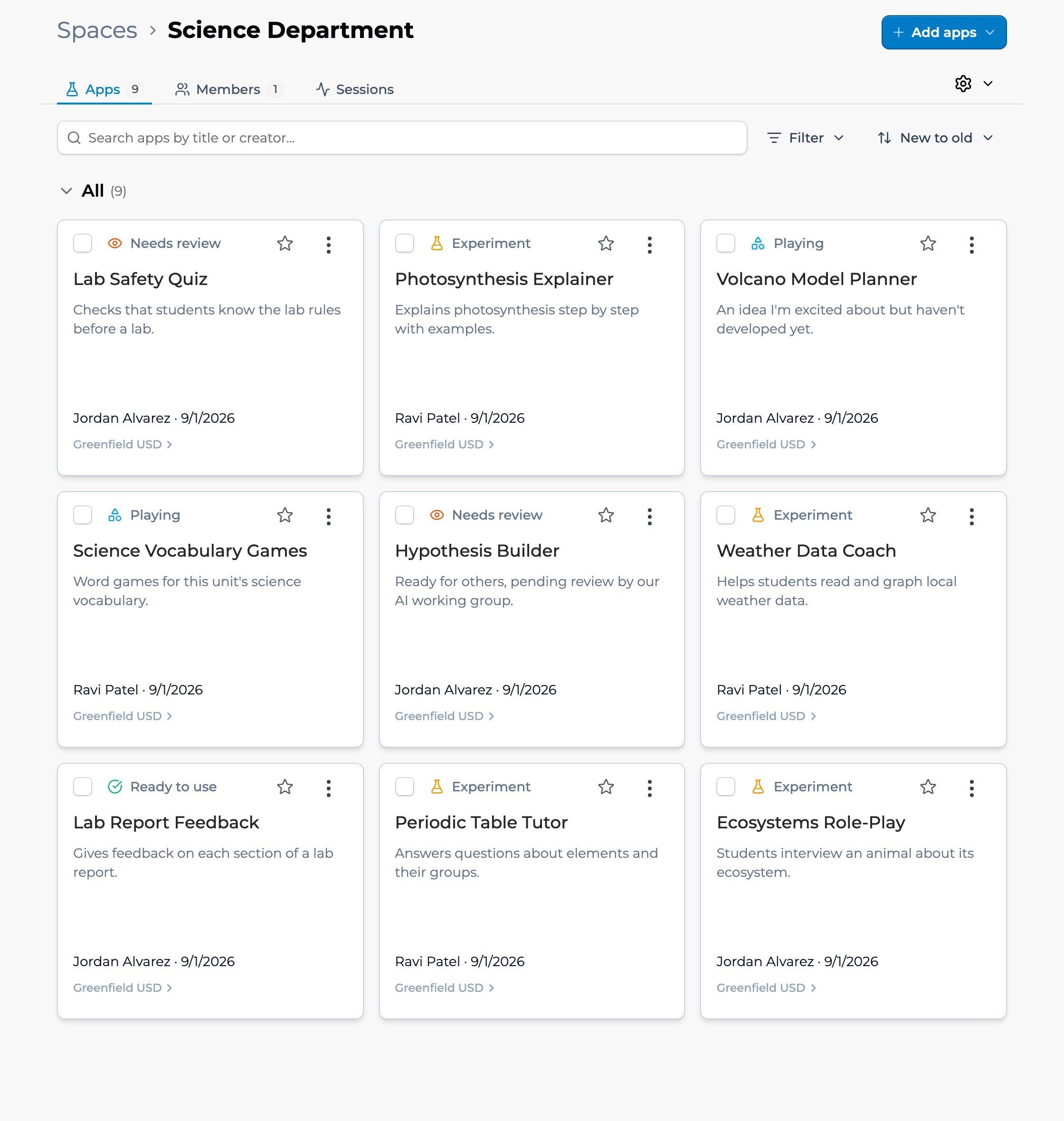 The same space with each app labeled Playing, Experiment, Needs review, or Ready to use.
