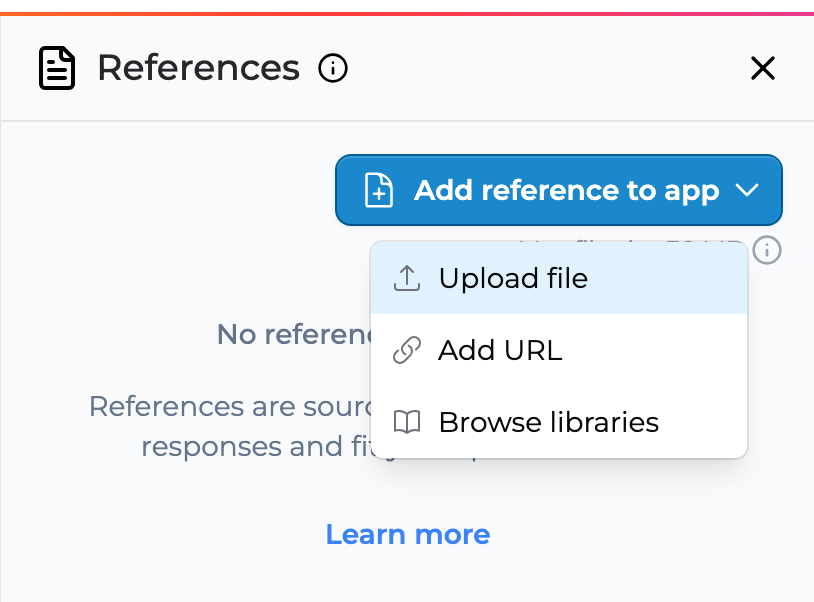 The Add reference to app menu: Upload file, Add URL, Browse libraries