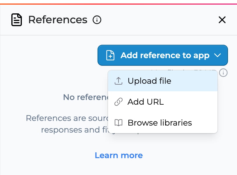 The Add reference to app menu: Upload file, Add URL, Browse libraries