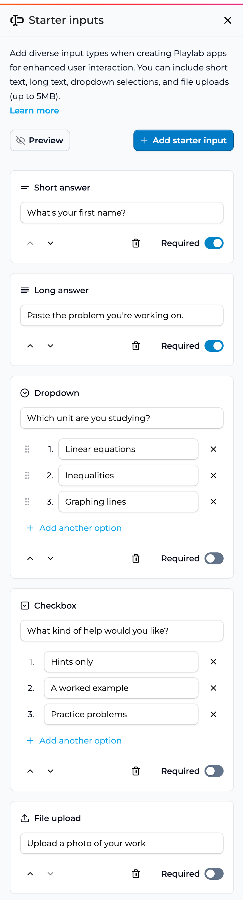 Starter input types: Short answer, Long answer, Dropdown, Checkbox, File upload