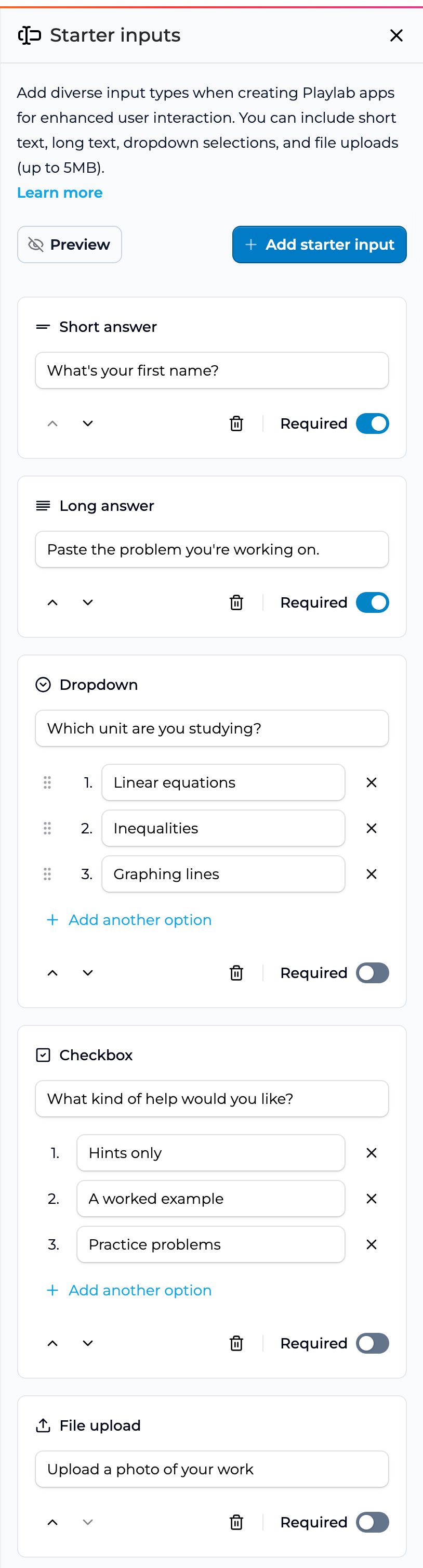 Starter input types: Short answer, Long answer, Dropdown, Checkbox, File upload