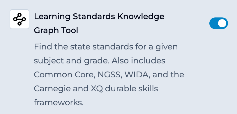 Learning Standards Knowledge Graph Tool toggled on in the References panel's Knowledge Graph section