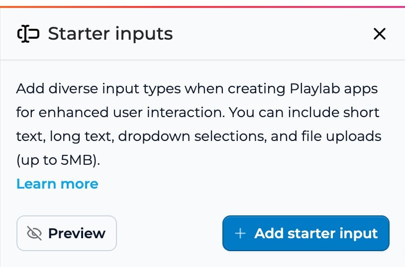 The Starter inputs pane with the Add starter input button