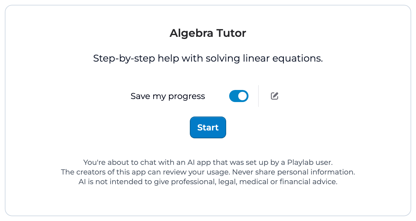 An app start screen with the Save my progress toggle on