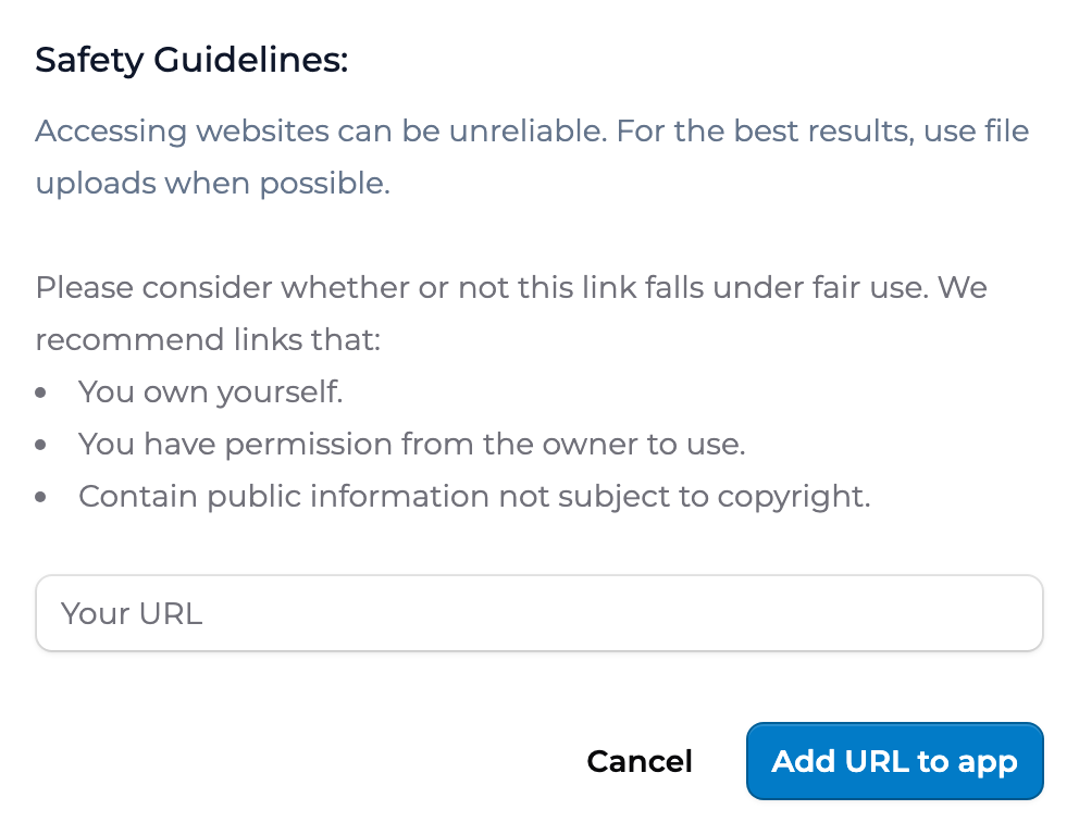 The Add URL dialog with safety guidelines and a URL field