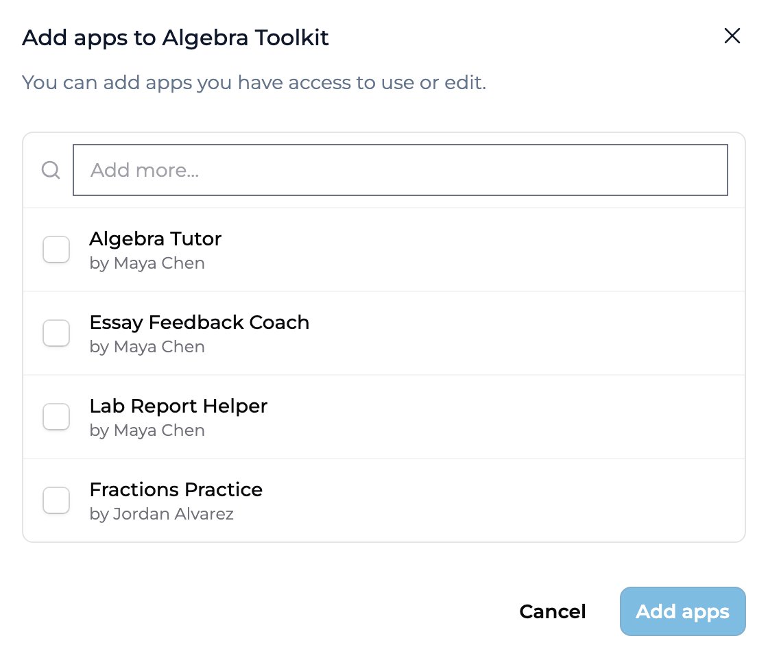 The 'Add apps to Algebra Toolkit' dialog, noting 'You can add apps you have access to use or edit', with an 'Add more...' search field and a checklist of apps — Algebra Tutor, Essay Feedback Coach, and Lab Report Helper by Maya Chen, and Fractions Practice by Jordan Alvarez — above Cancel and Add apps buttons.