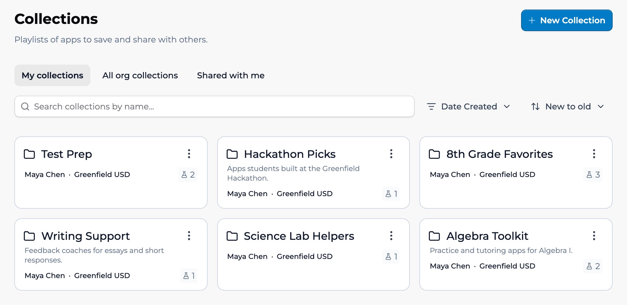 The Collections page with My collections, All org collections, and Shared with me tabs, a search field, Date Created and New to old sort controls, a New Collection button, and a grid of Collection cards — Test Prep, Hackathon Picks, 8th Grade Favorites, Writing Support, Science Lab Helpers, and Algebra Toolkit — each showing its description when it has one, its owner Maya Chen, the Greenfield USD org, and an app count.