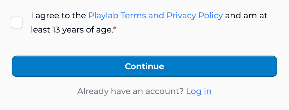 The bottom of the Join Playlab form, with Already have an account? Log in below the Continue button.