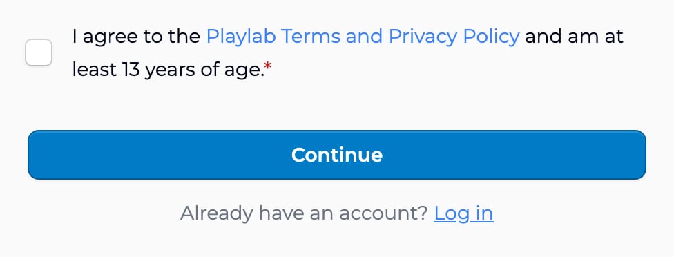 The bottom of the Join Playlab form, with Already have an account? Log in below the Continue button.