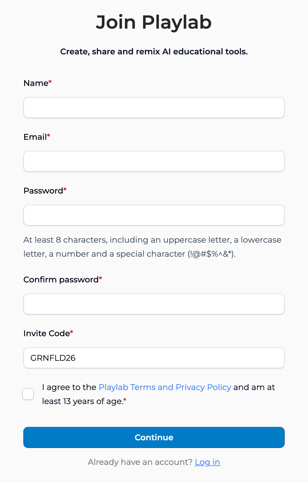 The Join Playlab form an invite link opens, with the invite code already filled in.