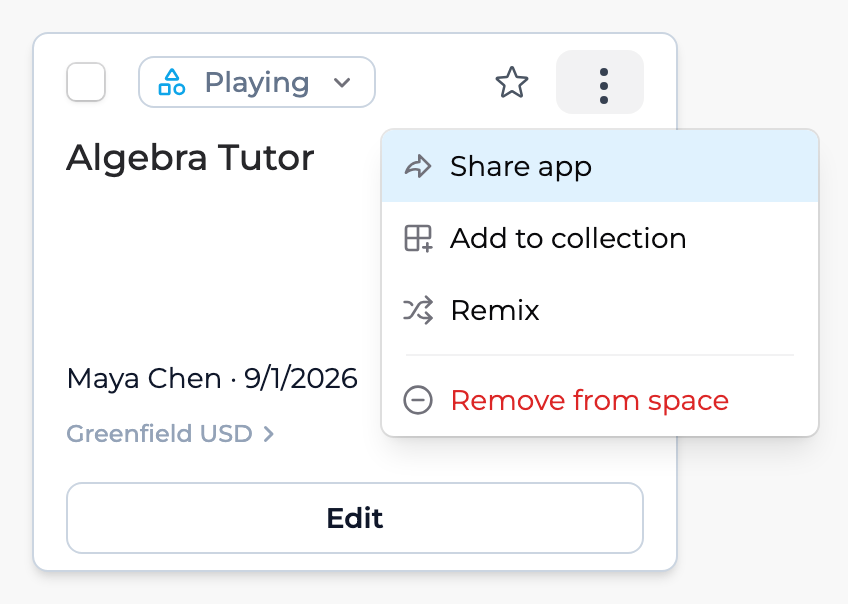 An Algebra Tutor app card with its menu open, listing Share app, Add to collection, Remix, and Remove from space.