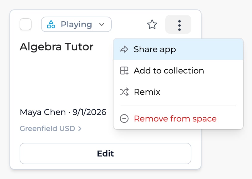 An Algebra Tutor app card with its menu open, listing Share app, Add to collection, Remix, and Remove from space.