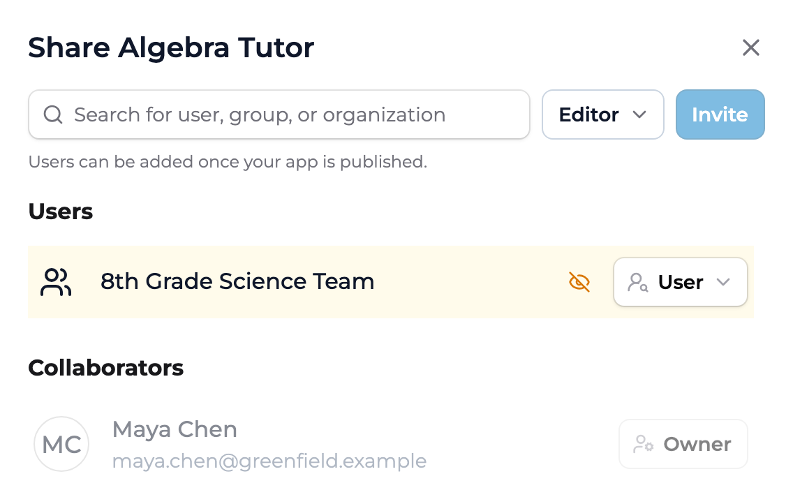 The Share Algebra Tutor dialog with a search field, an Editor role menu, and an Invite button, a Users section listing the 8th Grade Science Team group as User, and a Collaborators section listing Maya Chen as Owner.