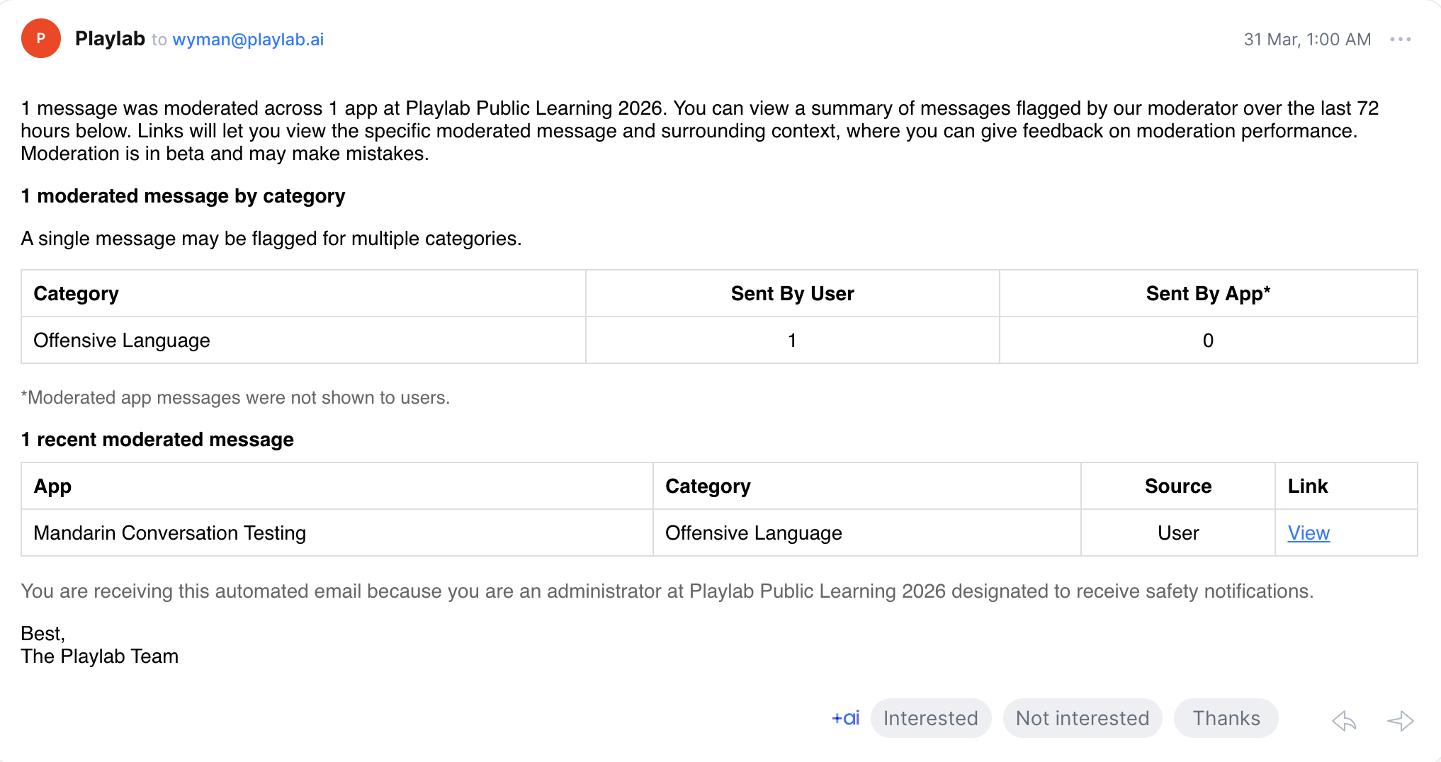 Example moderation email notification
