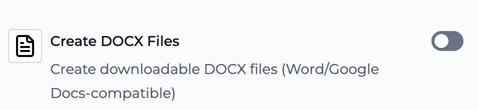 Create DOCX Files toggle in Tools menu